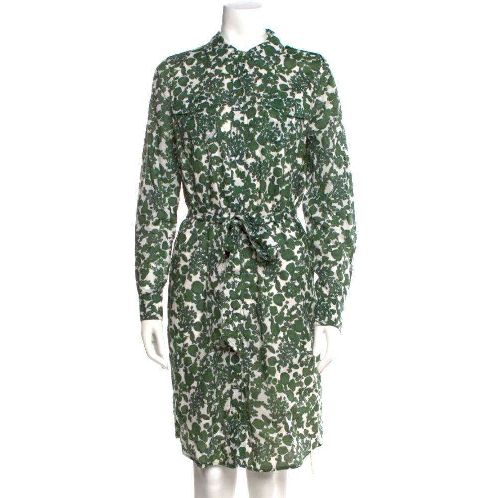 Tory Burch Green and White Floral Midi Shirt Dress size 12 - missing belt